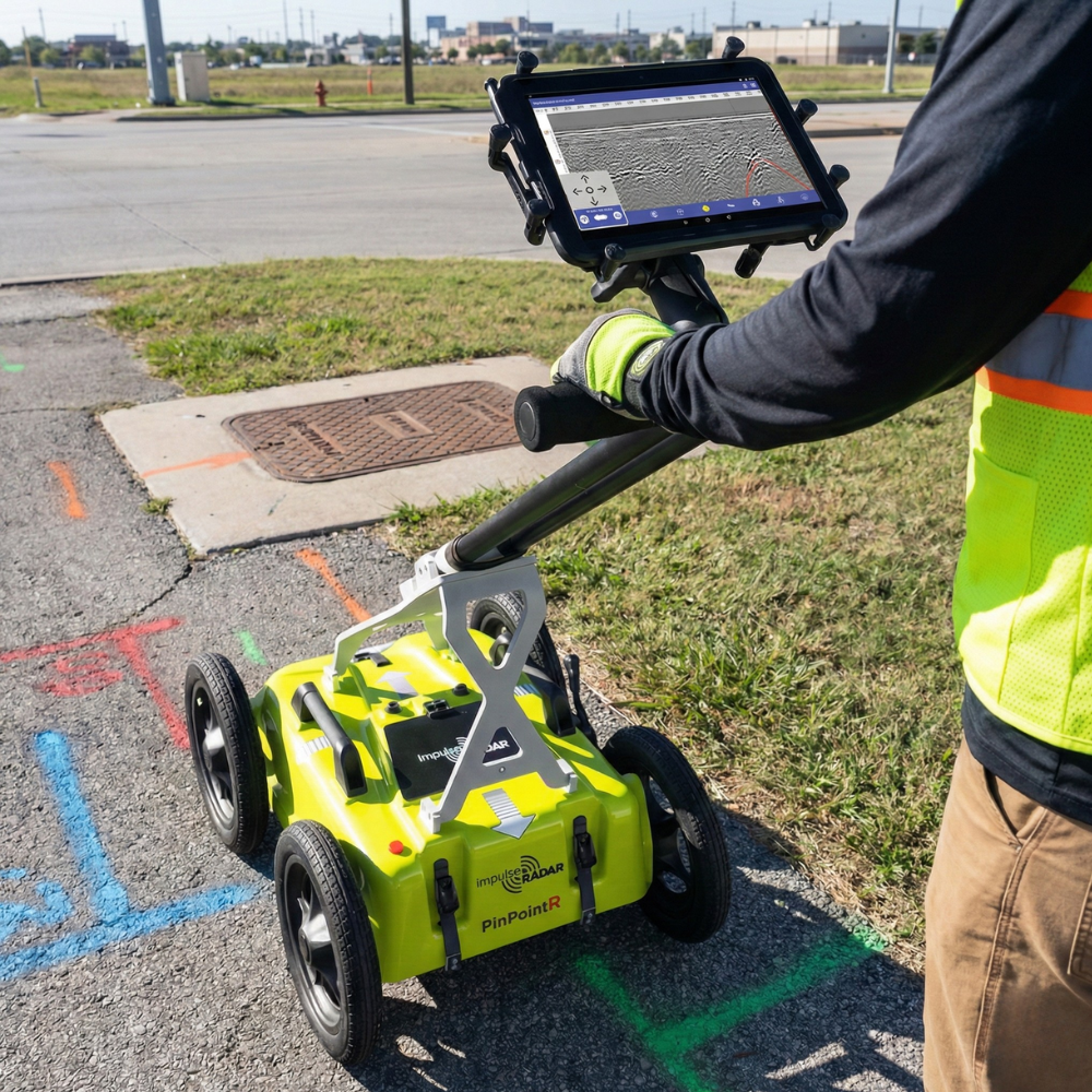 ImpulseRadar PinPointR utility GPR system operated on paved site with dual-channel antenna and tablet display for underground utility locating and mapping.