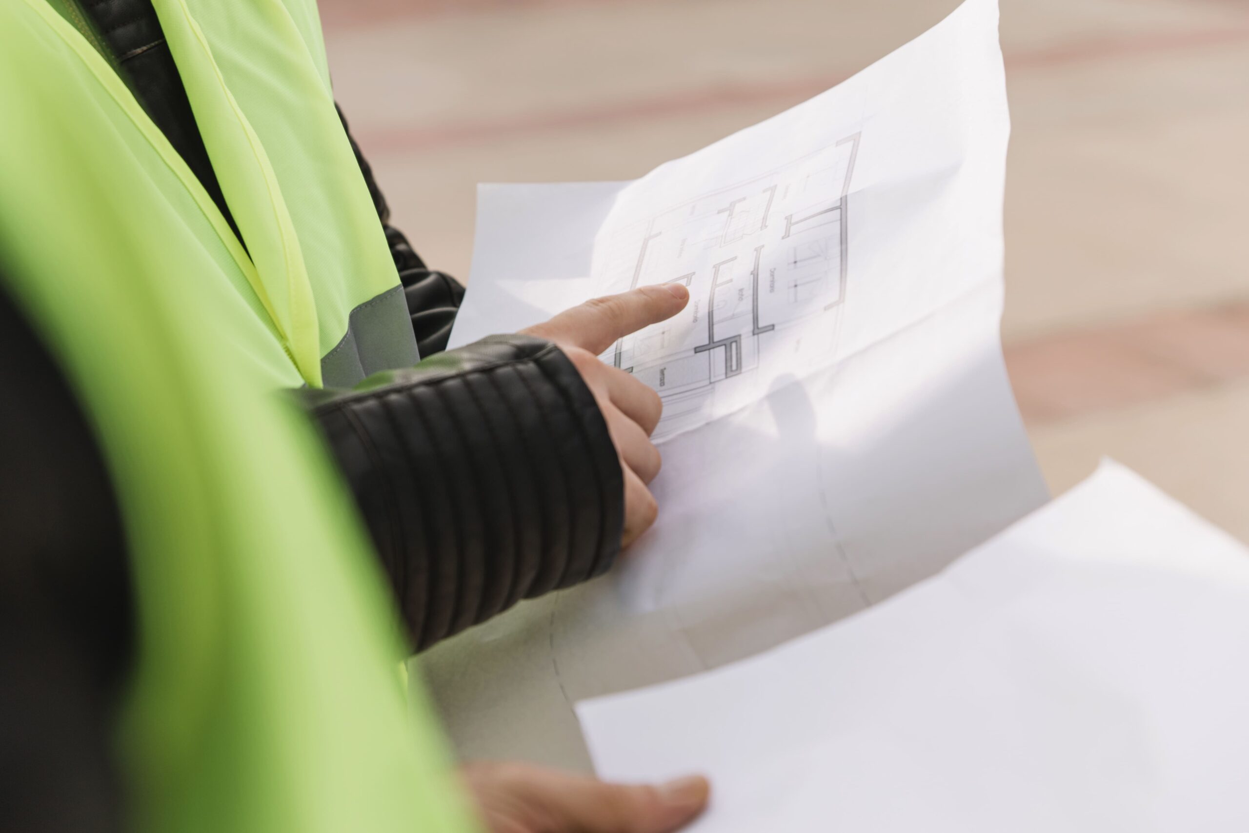 Construction worker in high‑visibility safety vest reviewing engineering plans outdoors, representing common deliverables such as field markouts, photo documentation, and digital utility mapping outputs.