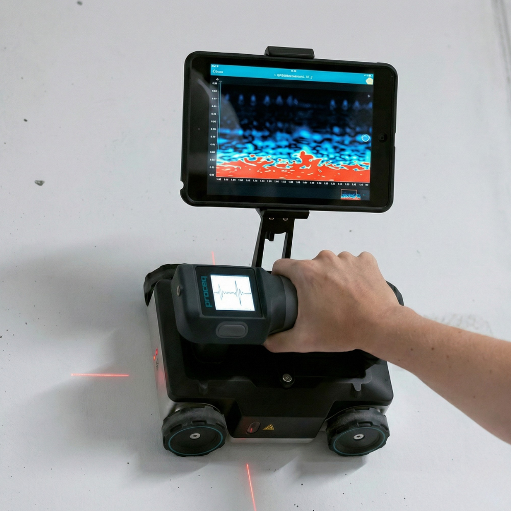 Proceq GP8000 portable concrete GPR scanner with handheld unit and tablet display for subsurface imaging, rebar detection, and safe drilling preparation.