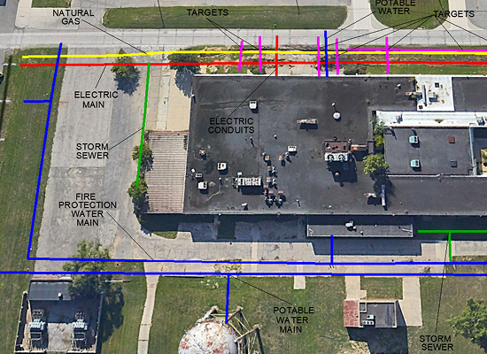 Aerial utility mapping overlay with colored lines showing natural gas, potable water, electric main, storm sewer, fire protection water main, and conduits around building site.