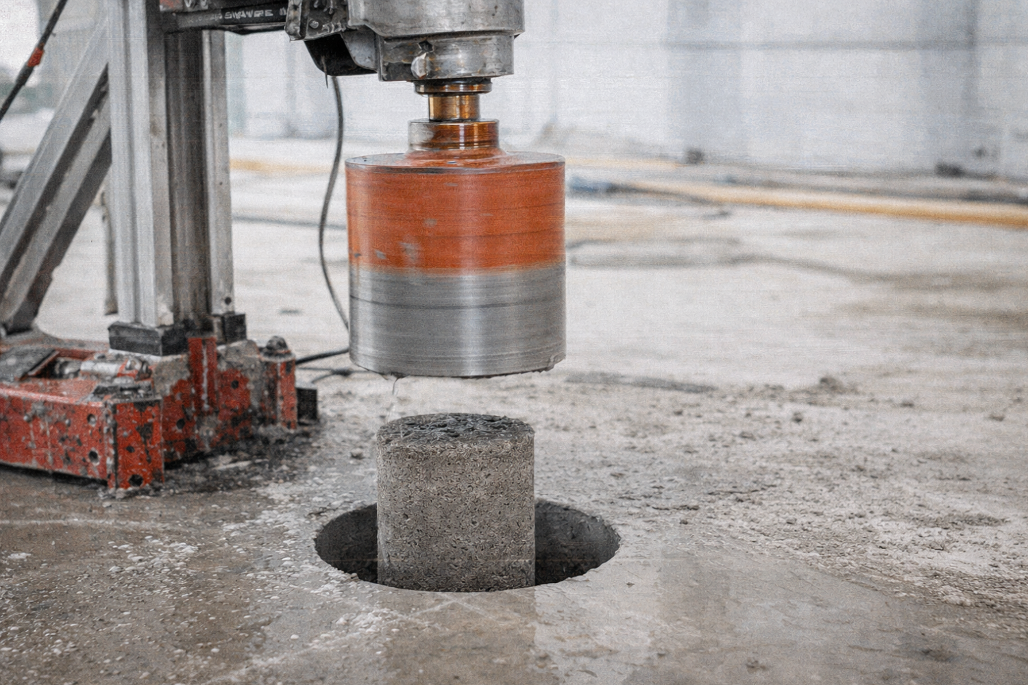 A core drill bit with an orange and silver band is drilling into a concrete floor, creating a cylindrical core sample that has been extracted.