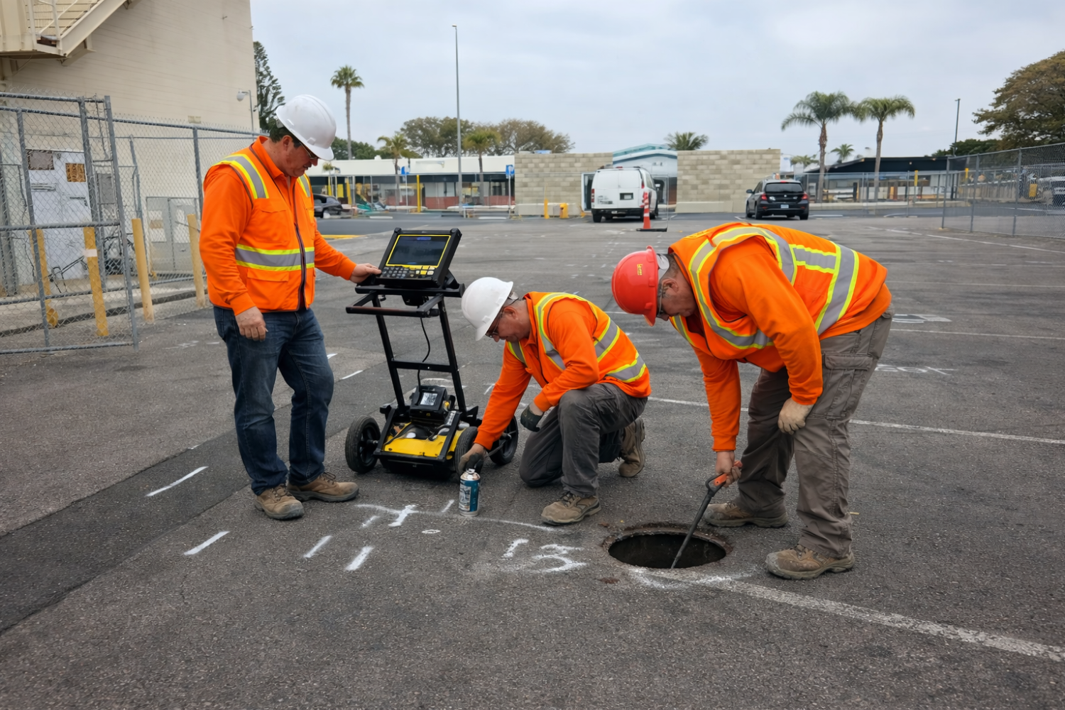 Construction workers operating ground-penetrating radar