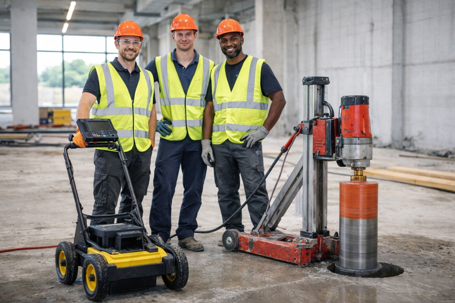 Construction workers at worksite with equipment