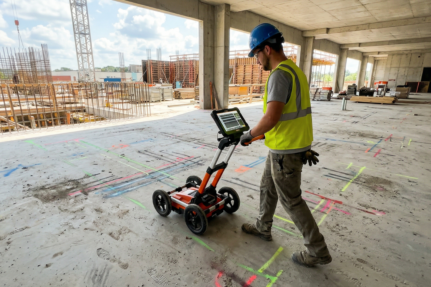 A person in a hard hat and high-visibility vest operates a ground-penetrating radar unit on a concrete floor at a construction site. The floor is marked with various colored lines indicating utility locations.