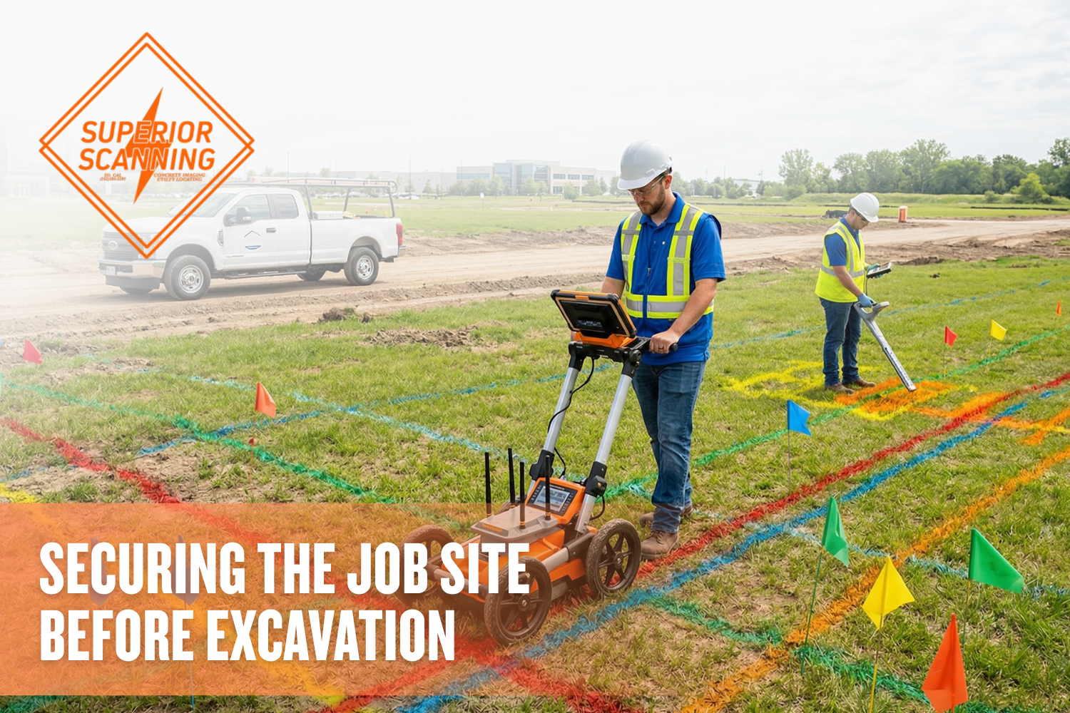 Two technicians performing private underground utility locating in a grassy field, using a GPR cart and a handheld locator over painted utility lines. Superior Scanning logo in the top left corner.