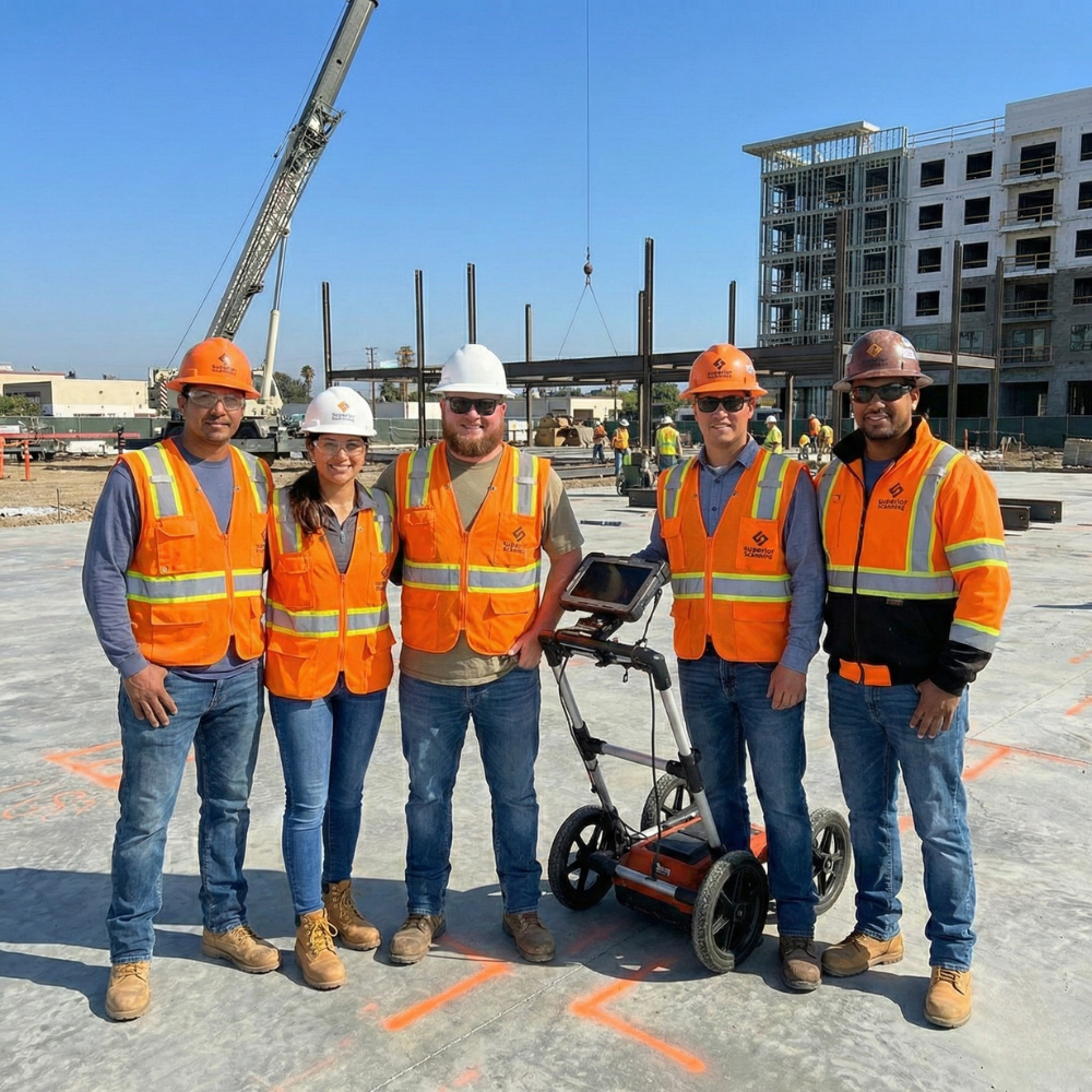 Construction crew in safety vests and hard hats operating GPR equipment on concrete site for utility locating and concrete scanning services.