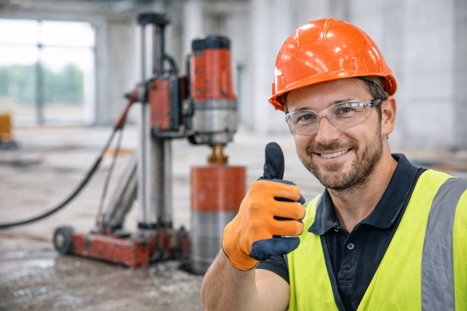 A construction worker wearing an orange hard hat, safety glasses, a yellow safety vest, and orange gloves gives a thumbs up. A large drilling machine is visible in the background.