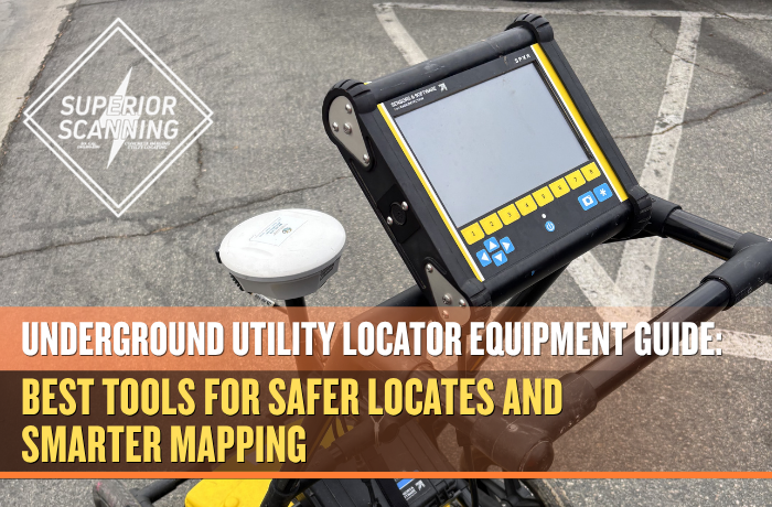 A high-angle photograph shows a large, complex technical machine, likely an advanced underground utility locator unit, with sturdy black handles, a control panel featuring a screen and buttons highlighted in yellow/orange, and a round white sensor/antenna unit, all from an elevated perspective against an out-of-focus background of grass and concrete.