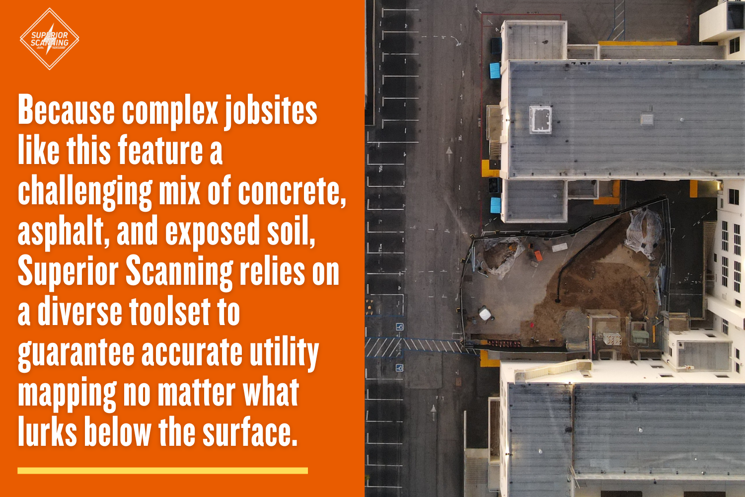 An aerial top-down view of a complex construction jobsite featuring a building, an asphalt parking lot, a playground, and an active dirt excavation area, illustrating the varied terrain that requires different underground utility locating tools.