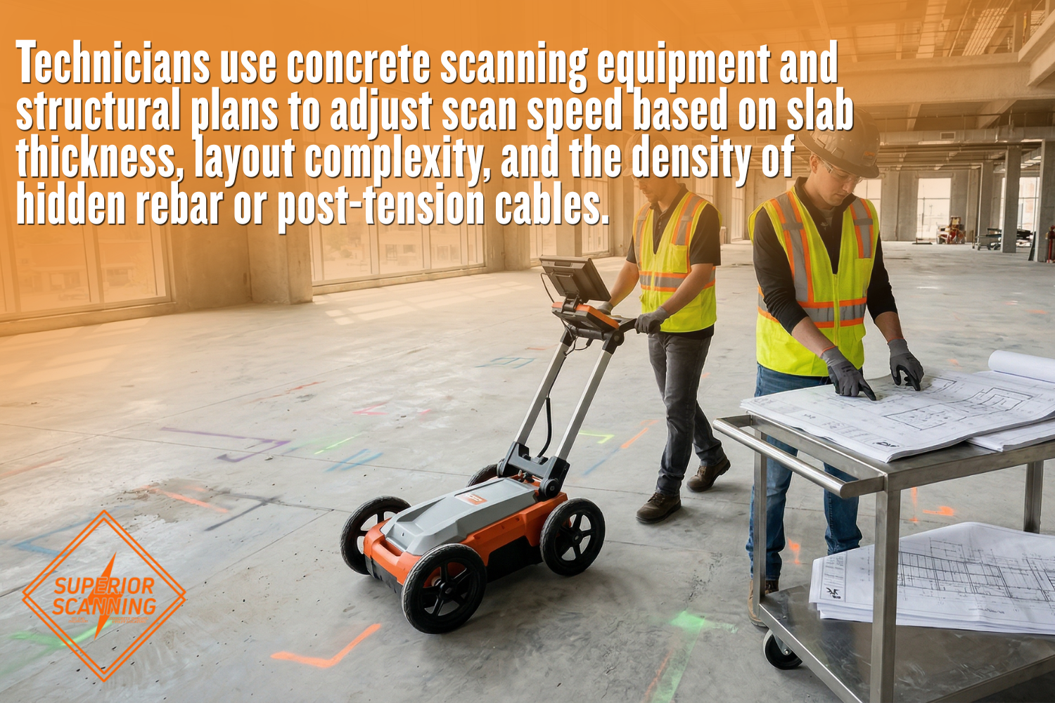 Concrete scanner technicians evaluating a commercial slab with GPR equipment and structural plans