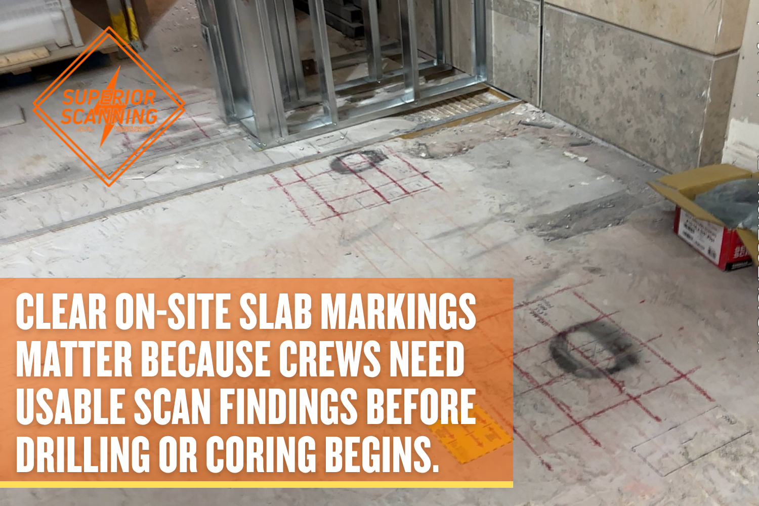 This photo shows why clear on-site slab markings matter, crews need usable scan findings before drilling or coring begins.