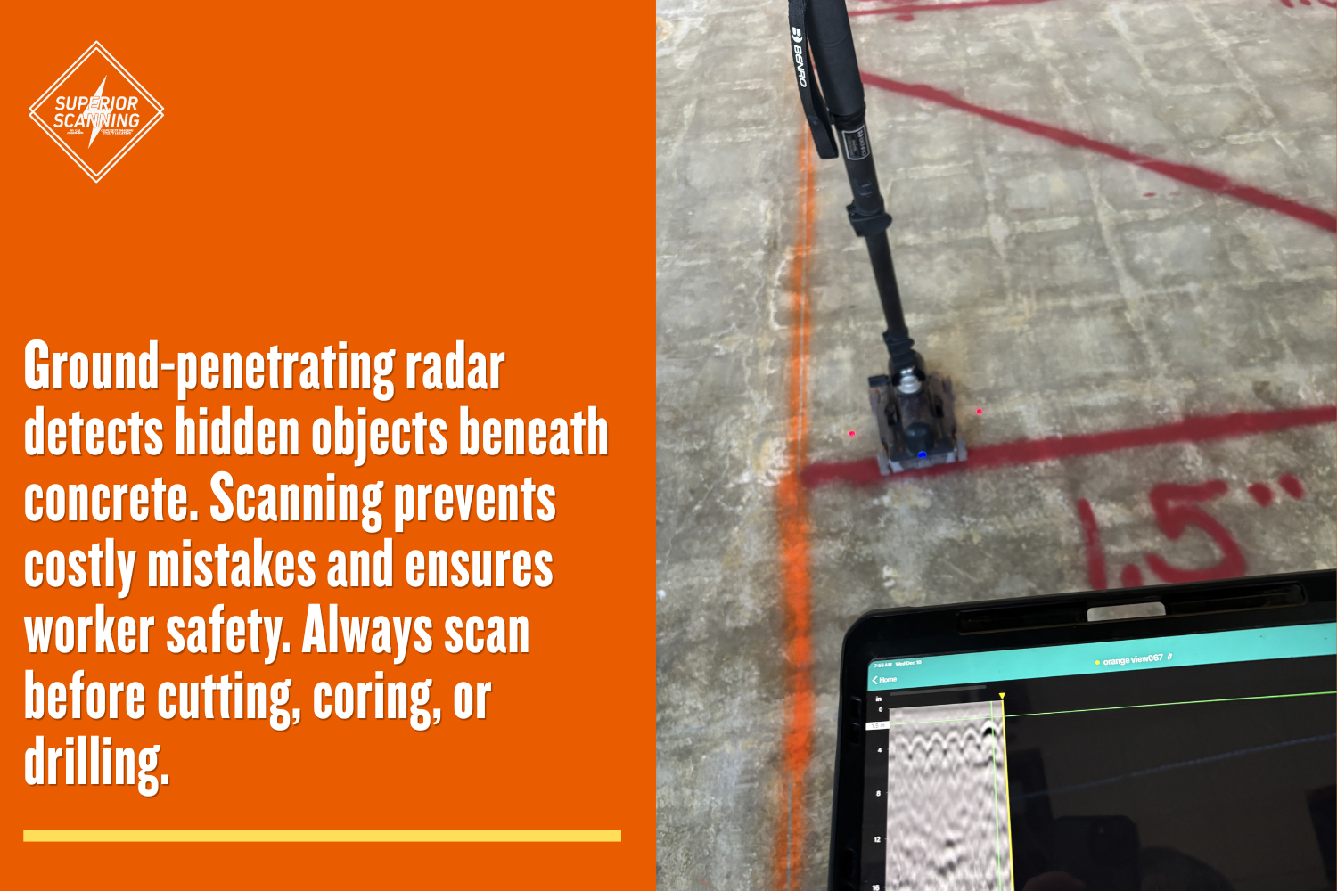 Ground-penetrating radar device scanning concrete floor with markings, showing how slab scanning detects hidden objects before construction work.