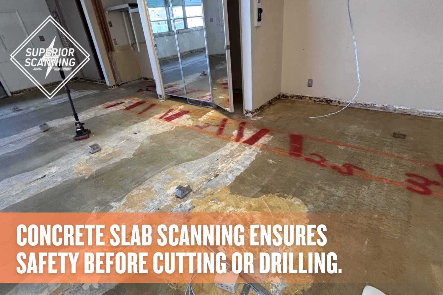 Interior renovation site with exposed concrete floor and markings, showing why concrete slab scanning is essential before cutting or drilling.