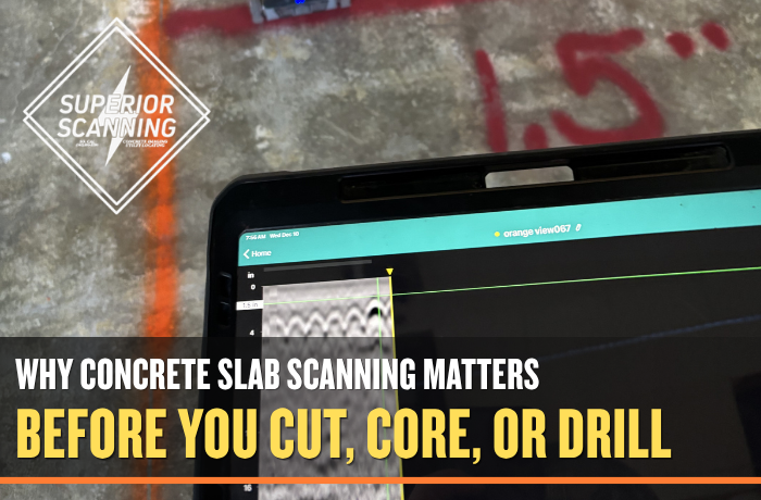 Digital scanner reading on concrete floor, showing why slab scanning is important before cutting, coring, or drilling.