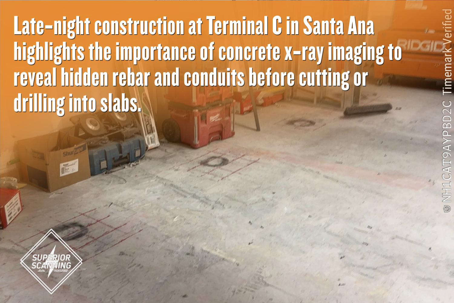 Construction site at Terminal C in Santa Ana with unfinished drywall, metal studs, toolboxes, and marked concrete floor, emphasizing the role of concrete x‑ray in detecting hidden rebar and conduits before drilling.