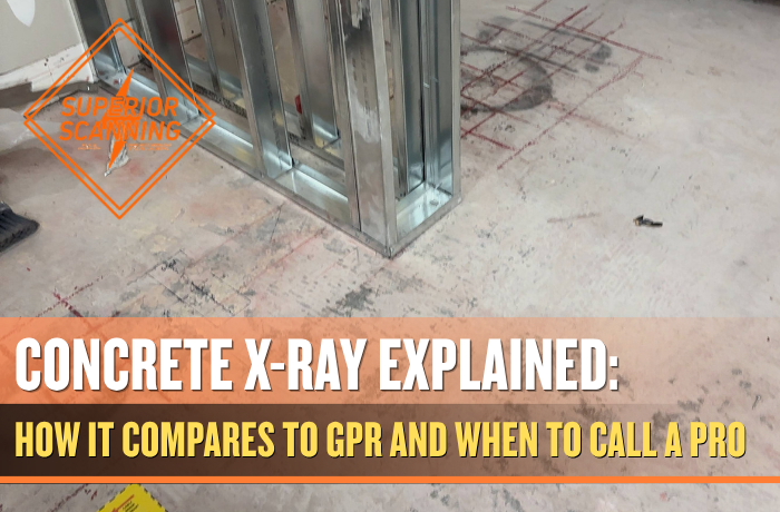 Indoor construction site at Terminal C in Santa Ana with metal wall studs, RIDGID tool chest, red ladder, and marked slab layout, illustrating concrete x‑ray use for accurate structural assessment and safe drilling.