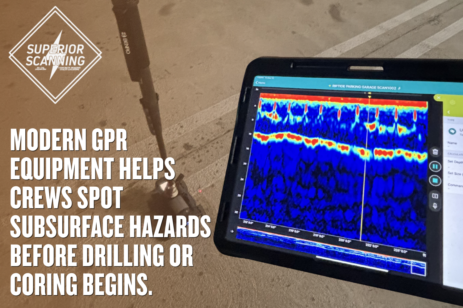 Technician using handheld ground penetrating radar equipment and tablet display to scan a concrete slab in a parking garage.