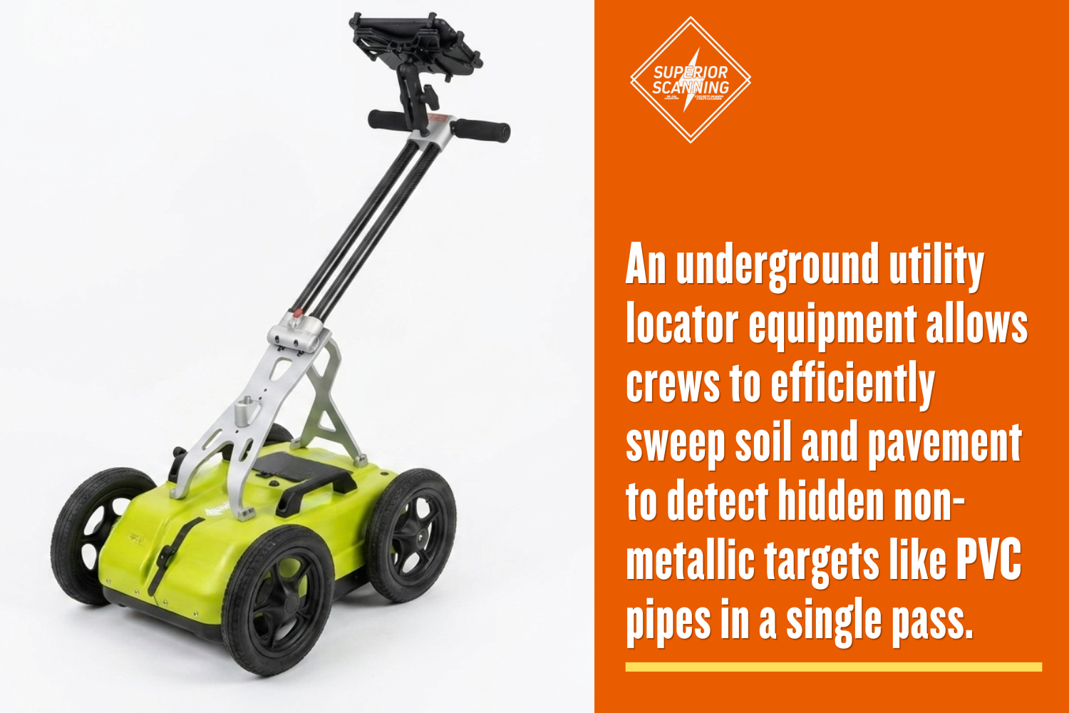 A bright green ImpulseRadar PinPointR ground penetrating radar cart on a plain white background, featuring four black wheels, an angled silver handle frame, and a tablet mount at the top.
