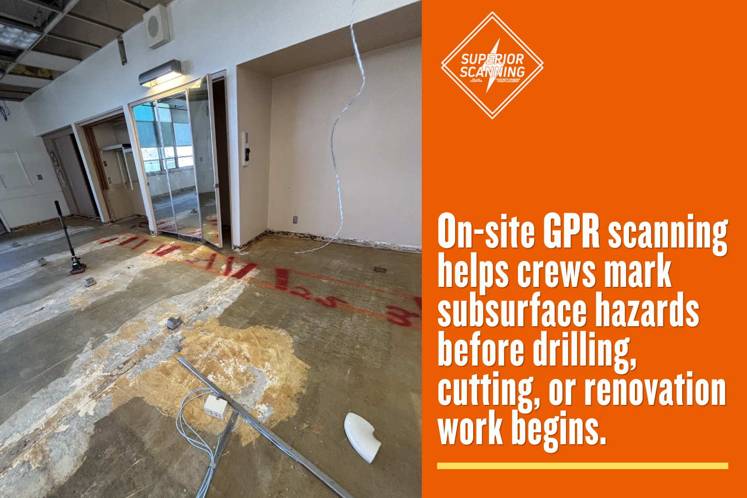 Interior renovation area with exposed concrete floor, red layout markings, loose wiring, and a GPR scanning device positioned near glass office partitions.