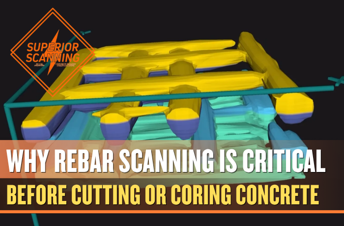 A 3D GPR scan visualizing embedded rebar layout within concrete before cutting or coring