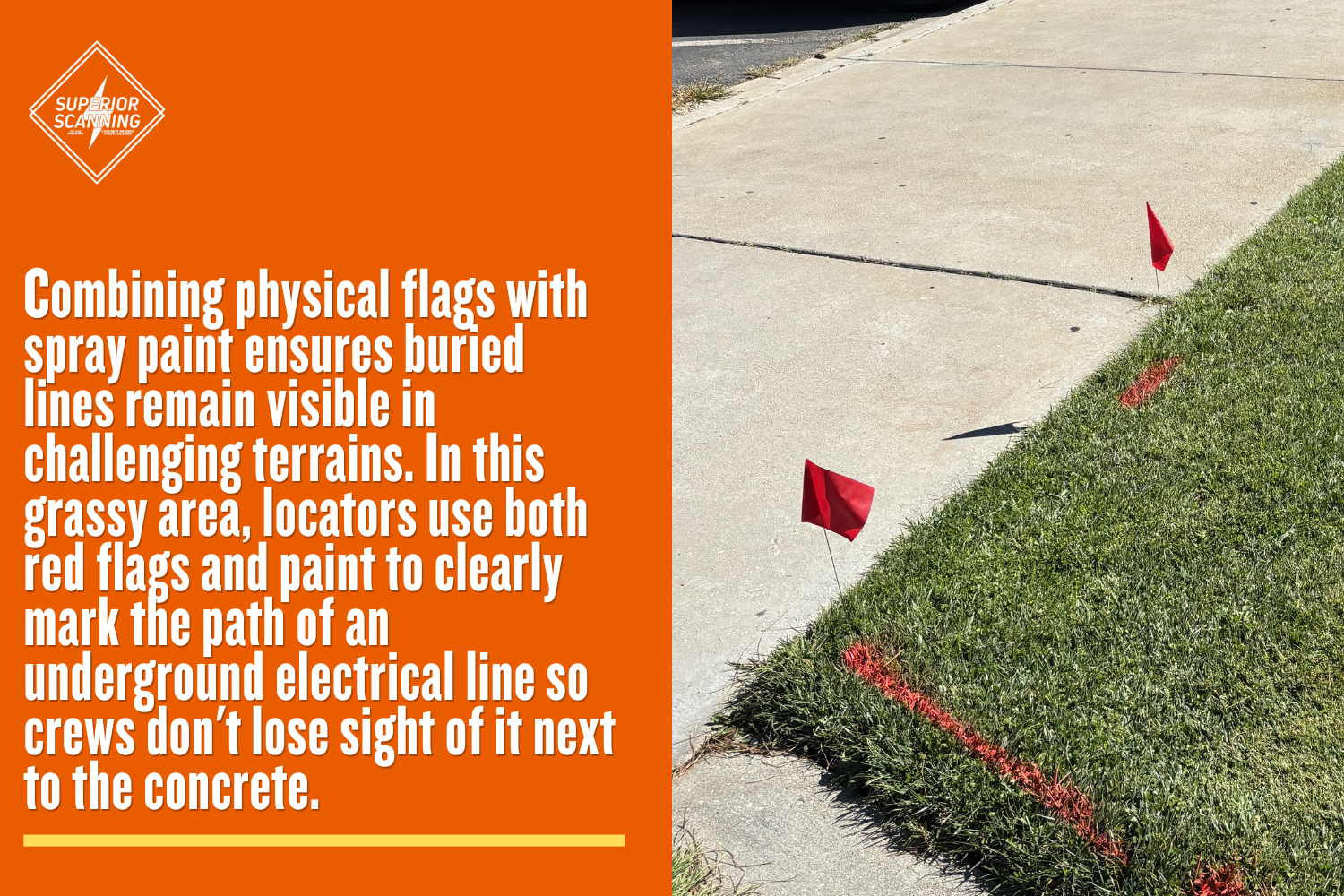 Red utility flags and a red spray-painted line marking the path of an underground electrical utility in a grassy area next to a paved sidewalk and parking lot.