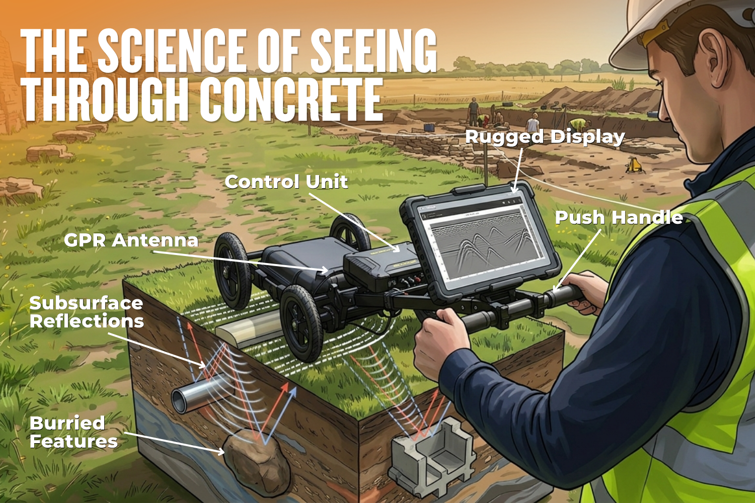 An illustrated scene of an operator with a hard hat and high-visibility vest pushing a ground-penetrating radar (GPR) cart at an archaeological excavation site.