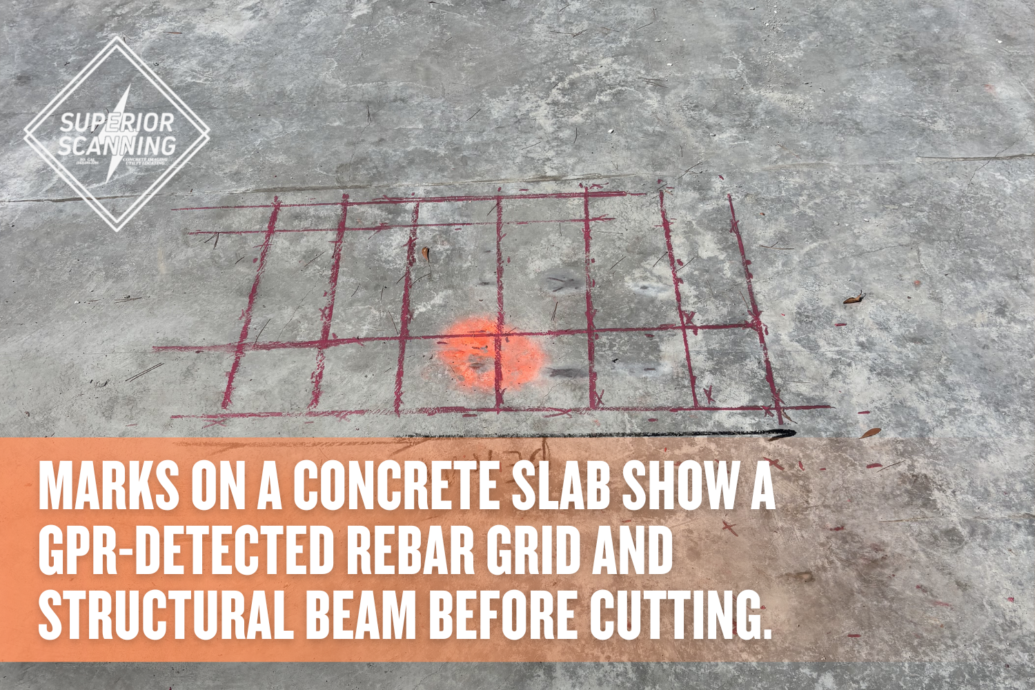 Rebar grid, beam label, and utility dots spray-painted on a concrete slab.