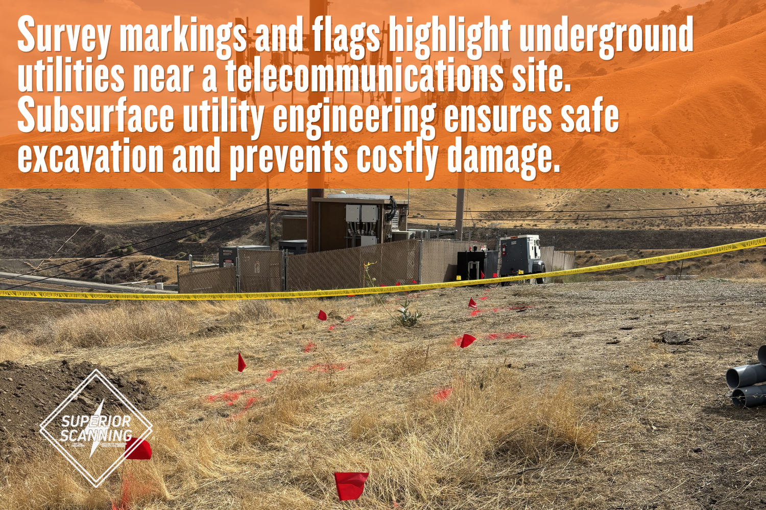 Telecommunications site with red flags, spray-painted markings, and caution tape on a grassy hillside, showing how subsurface utility engineering identifies underground utilities before excavation.