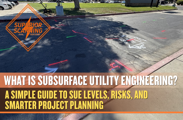 Paved street with colorful spray-painted markings, showing underground utilities identified through subsurface utility engineering.
