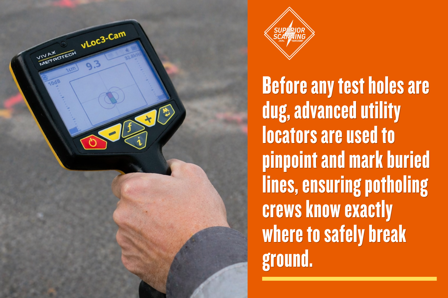 Close-up of a technician's hand holding a Vivax-Metrotech digital utility locator device over an asphalt surface, which is marked with red and yellow utility locating spray paint.
