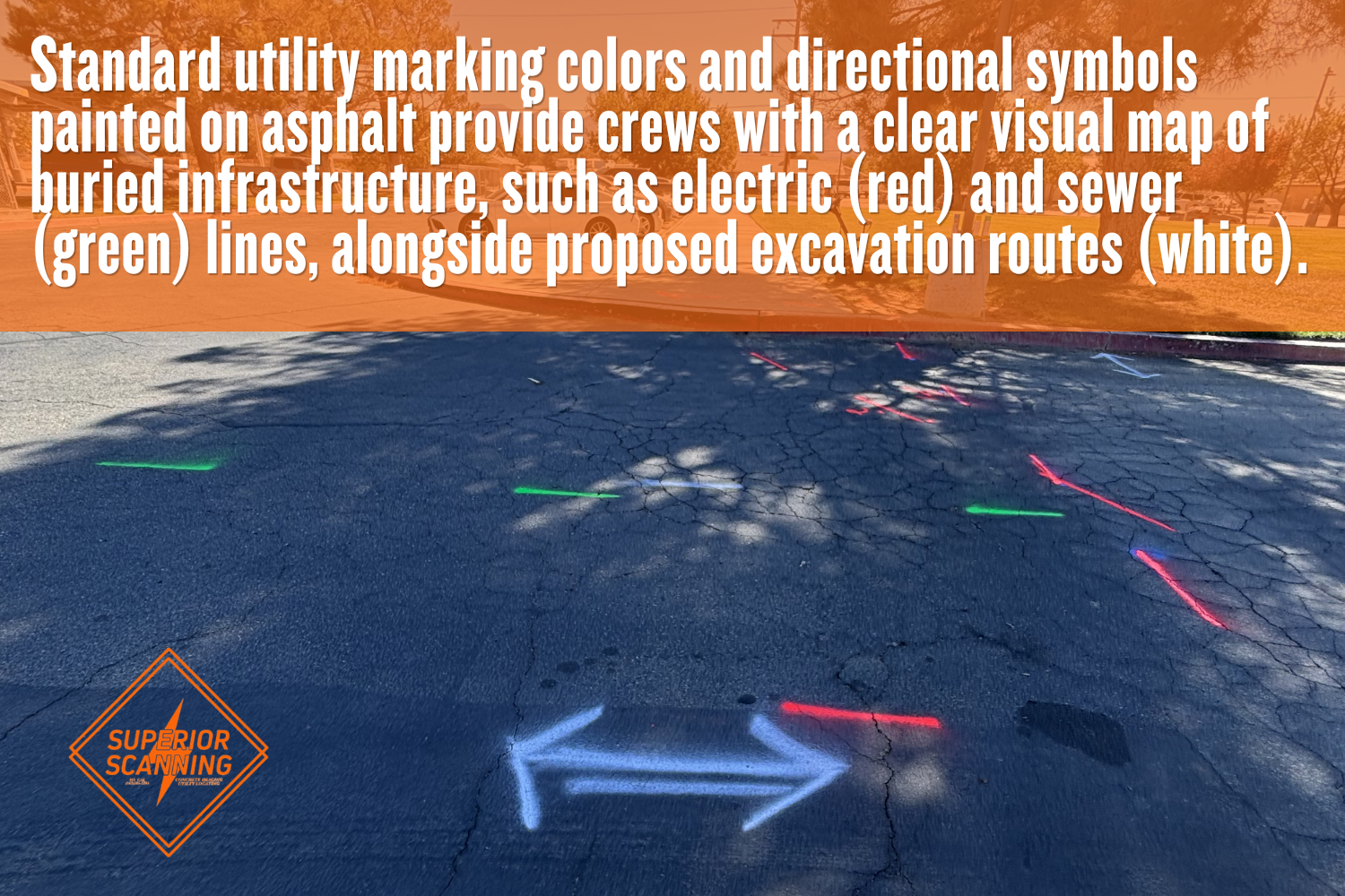 Red, green, and white utility marking lines and arrows spray-painted on an asphalt surface.