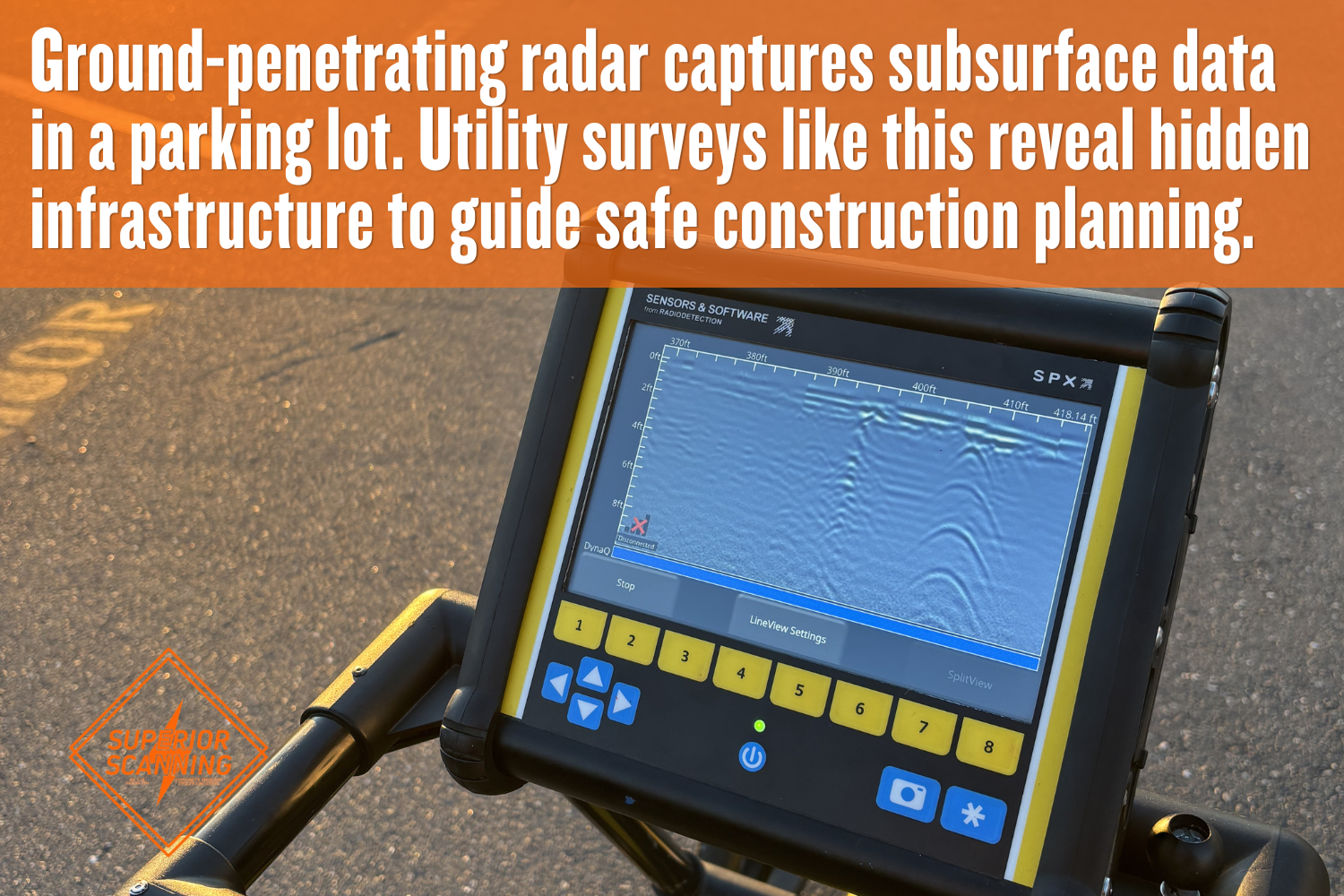 Ground-penetrating radar device in a parking lot at sunset, displaying subsurface data for a utility survey to locate hidden infrastructure.