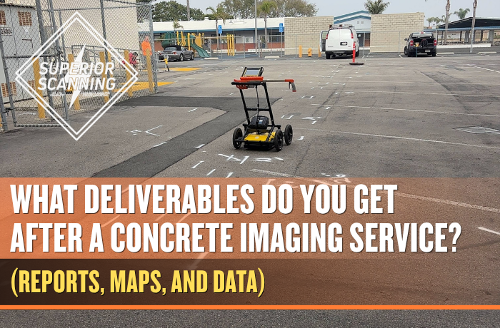 GPR concrete imaging equipment on a marked job site showing deliverables such as reports, maps, and scanning data