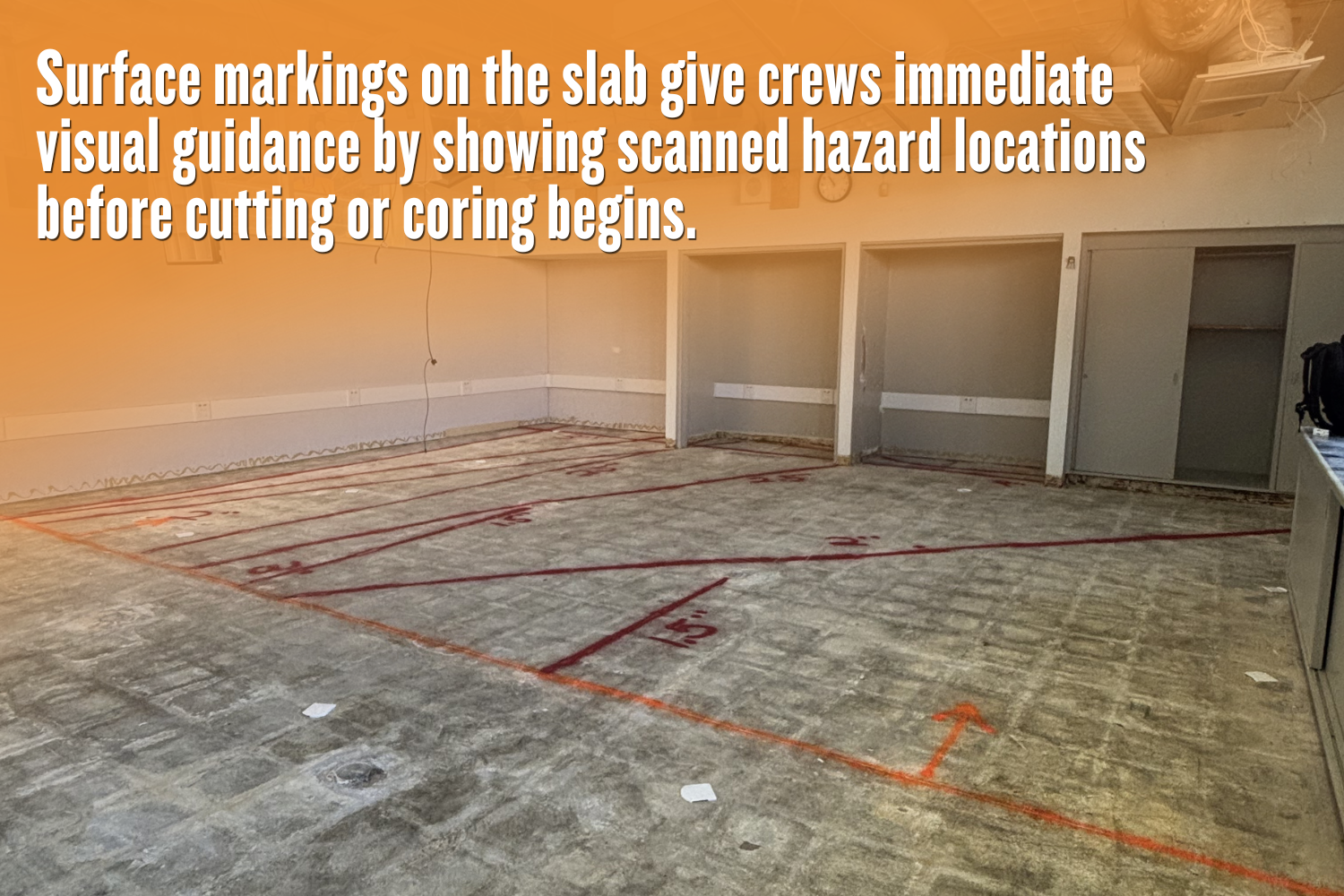 Concrete slab with color-coded GPR surface markings showing hidden hazards and safe cutting areas after scanning
