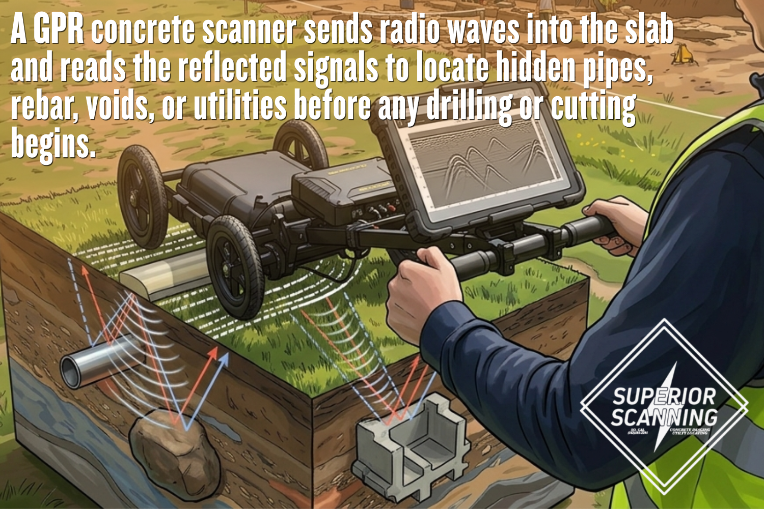 GPR concrete scanner detecting hidden pipes, rebar, voids, and underground utilities before drilling or cutting