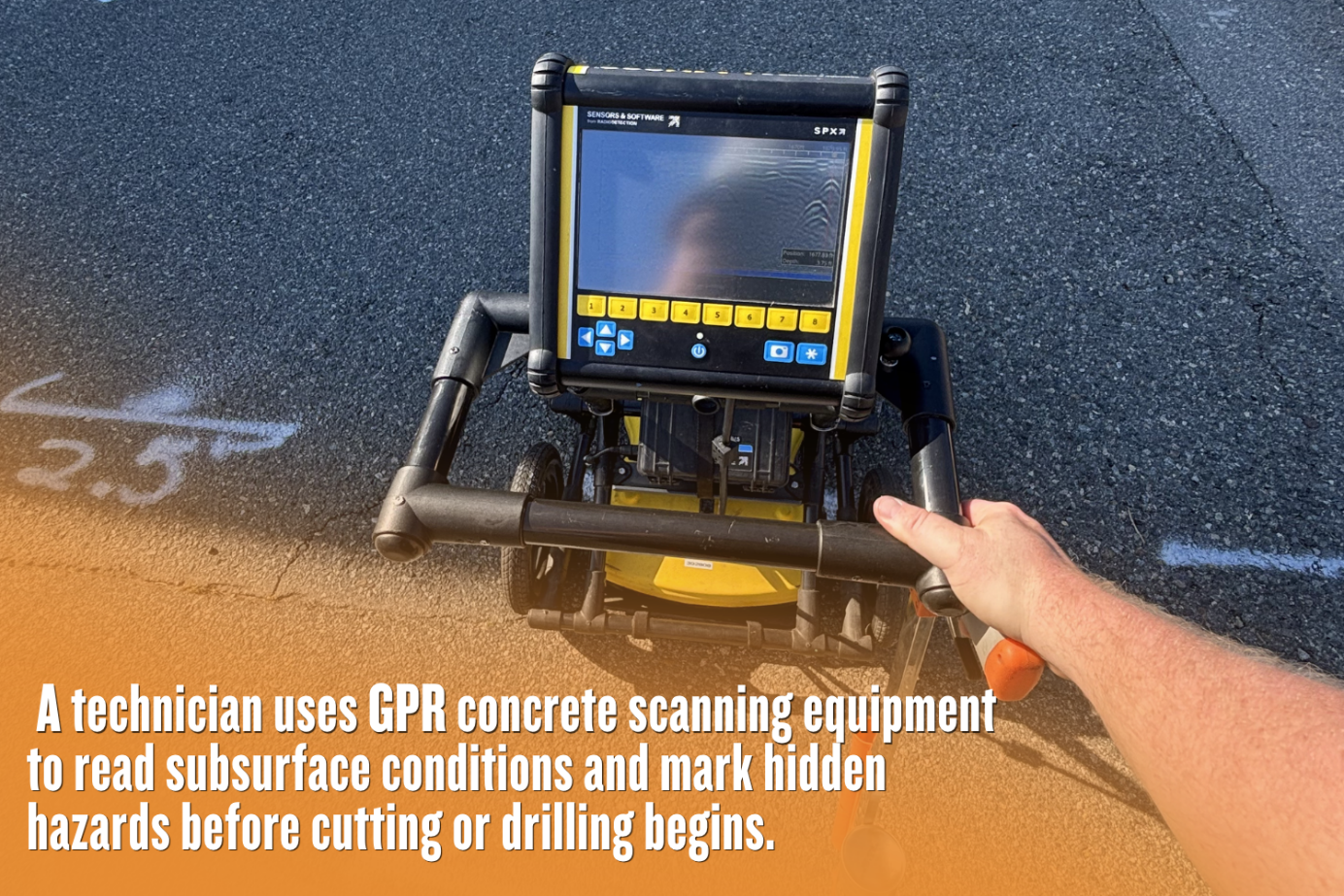Ground-penetrating radar equipment scanning a concrete surface to locate rebar, conduits, pipes, voids, and slab thickness changes before core drilling.