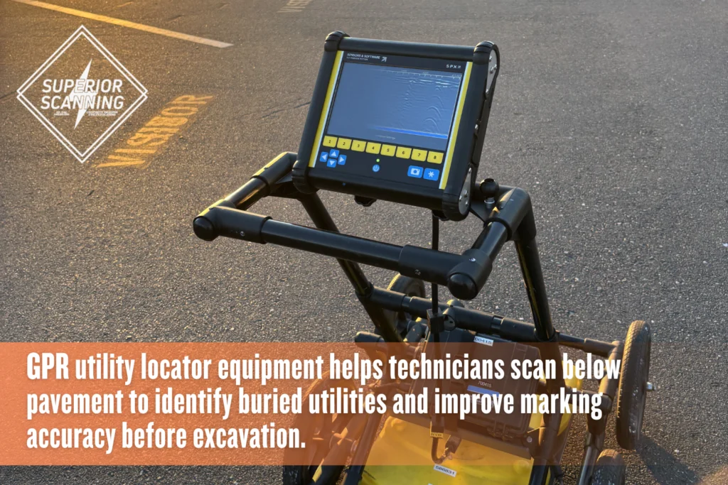 Ground penetrating radar utility locator equipment on pavement used for underground utility locating services.
