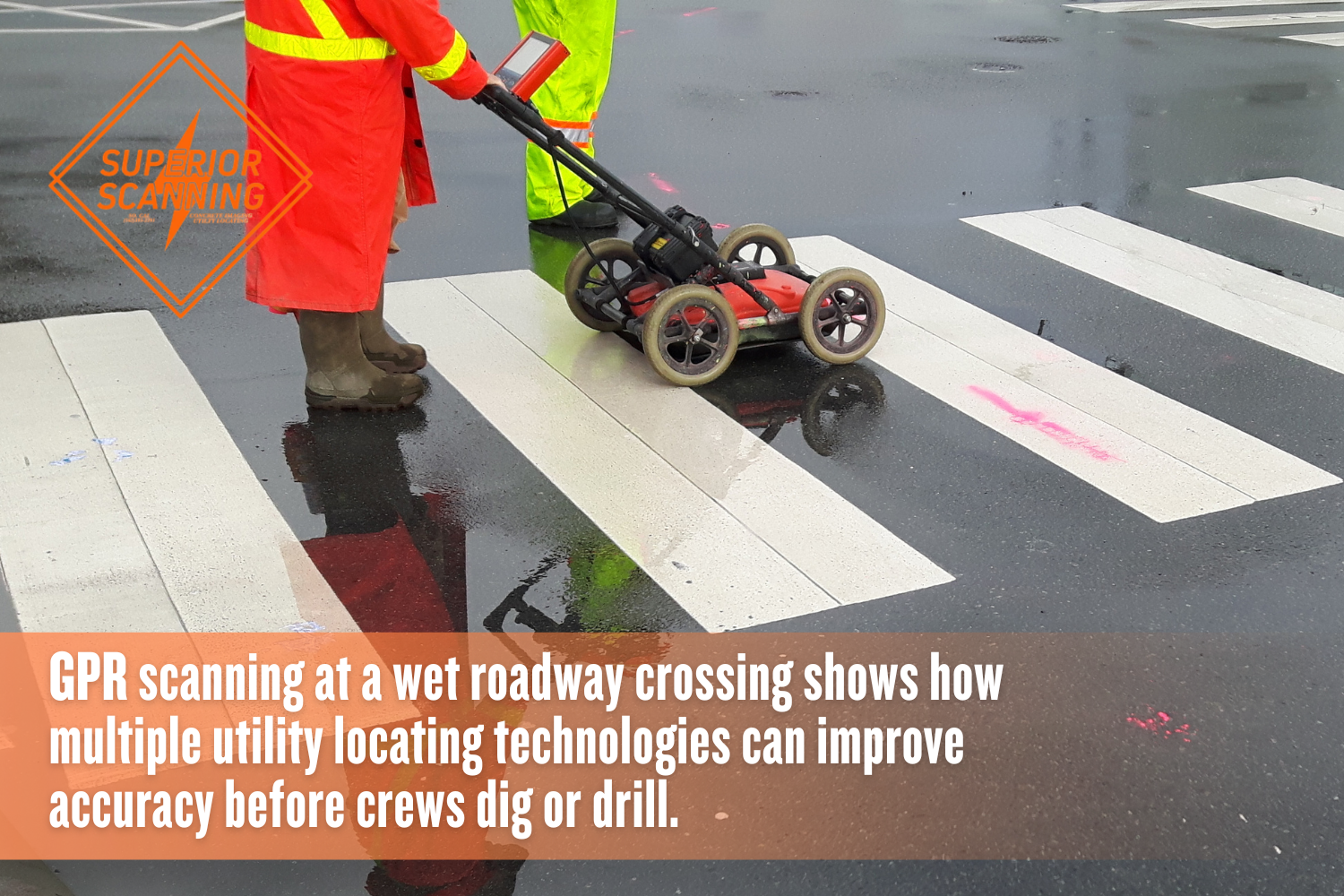Utility locating crew using Ground Penetrating Radar on a roadway to improve underground utility mapping accuracy.