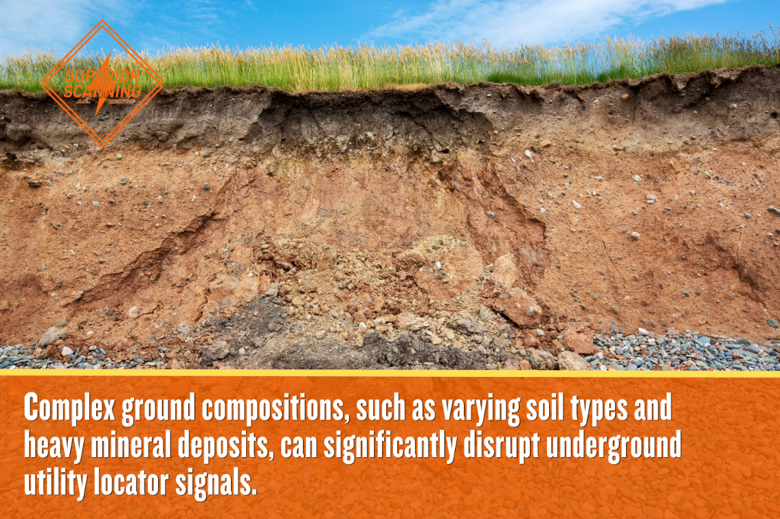 A cross-section of earth displaying different soil layers, rocks, and minerals that can naturally interfere with underground utility locating equipment.