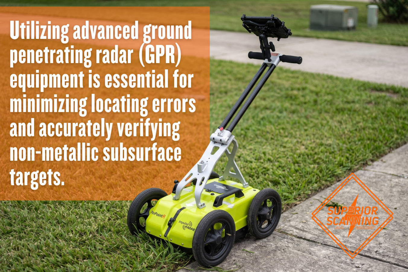 A bright yellow, four-wheeled ground penetrating radar cart with a mounted tablet display rests on a grassy lawn next to a concrete sidewalk, representing advanced underground utility locator equipment.