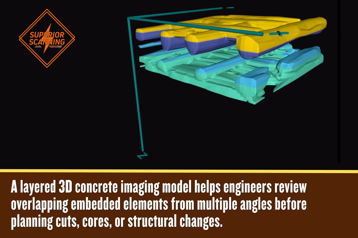 Layered 3D concrete imaging model showing overlapping embedded utilities and structural elements for construction planning
