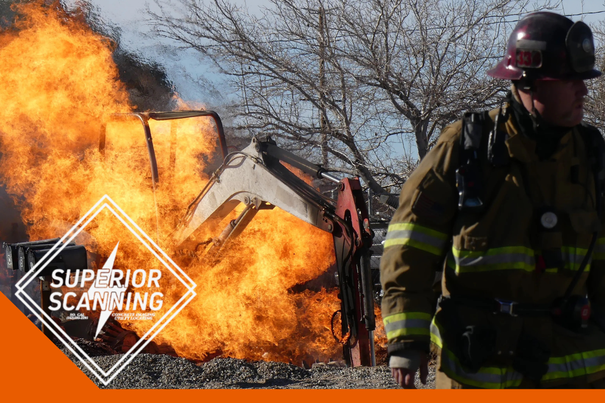 Firefighter walking near an excavator surrounded by flames after a utility-related excavation hazard.