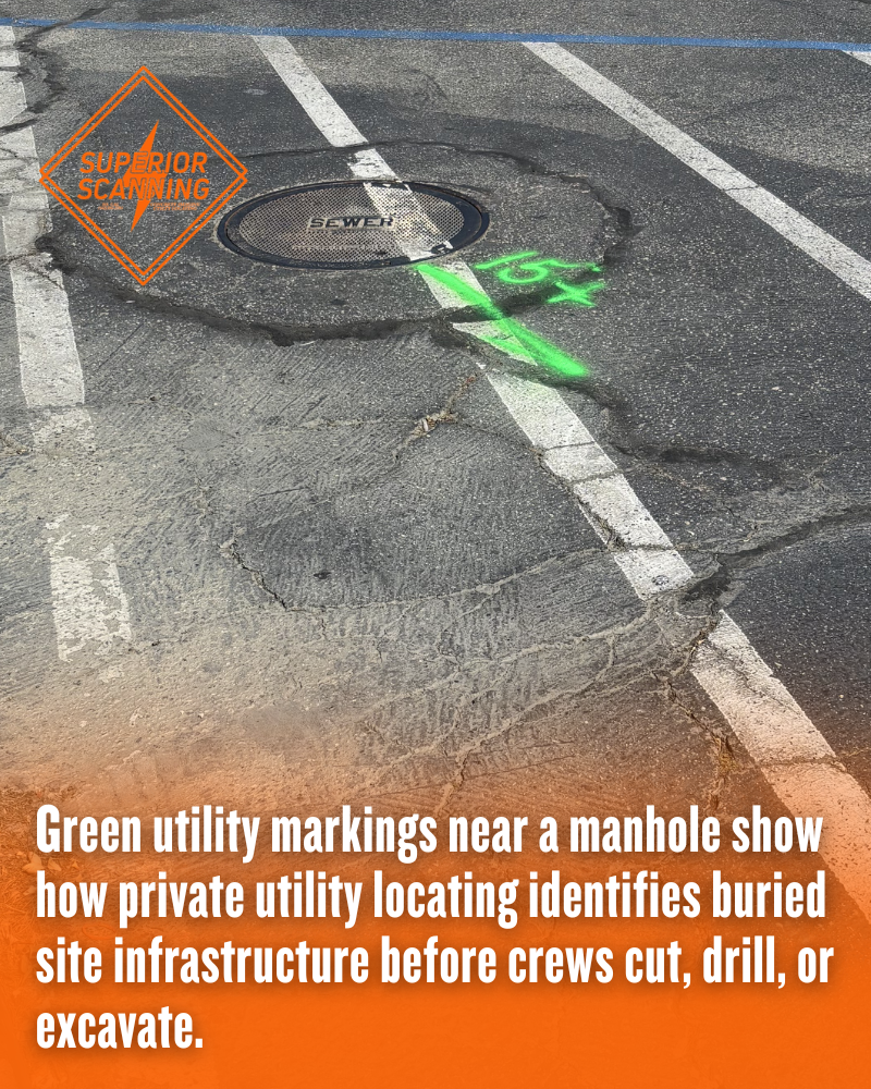 Asphalt pavement with a manhole, green utility locating marks, cracked surface, and parking lot striping.