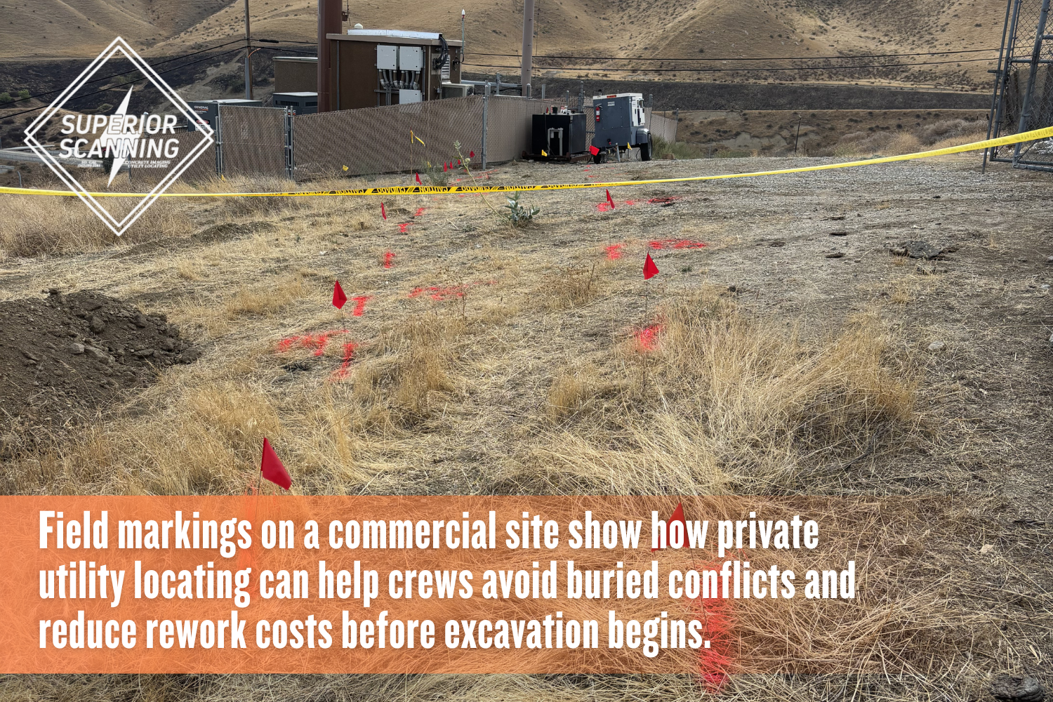 Red utility flags and paint markings on a commercial site used for private utility locating before excavation work.