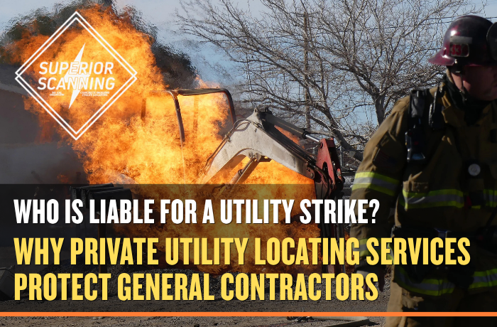 Excavation equipment fire after a utility strike showing the importance of private utility locating services for contractor liability protection.