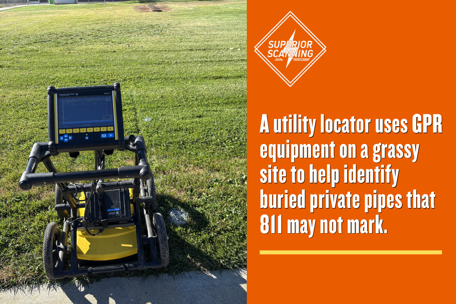 Ground penetrating radar equipment on grass used for private utility locating and pipe mapping beyond 811 markings.