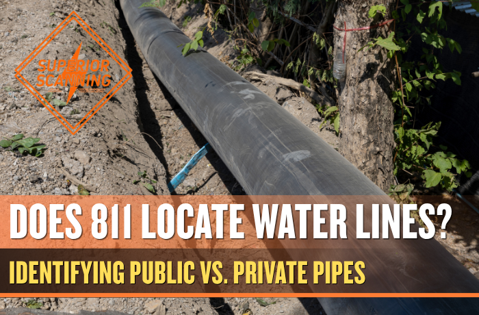 Large exposed water pipe near a trench showing the importance of identifying public and private water lines before digging.