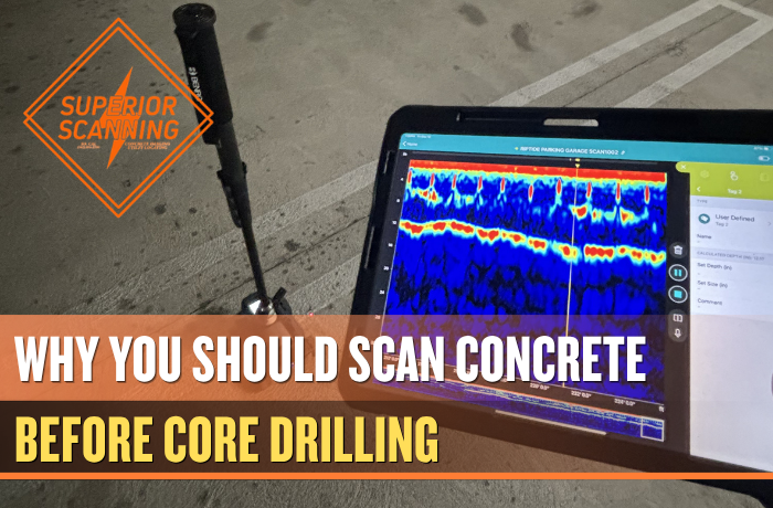 A ground penetrating radar device is shown on a concrete surface next to a tablet displaying a subsurface scan. The device has a long black handle and a base with red laser guides. The tablet screen shows a colorful representation of underground layers, with blue, red, and yellow bands indicating different densities or materials.