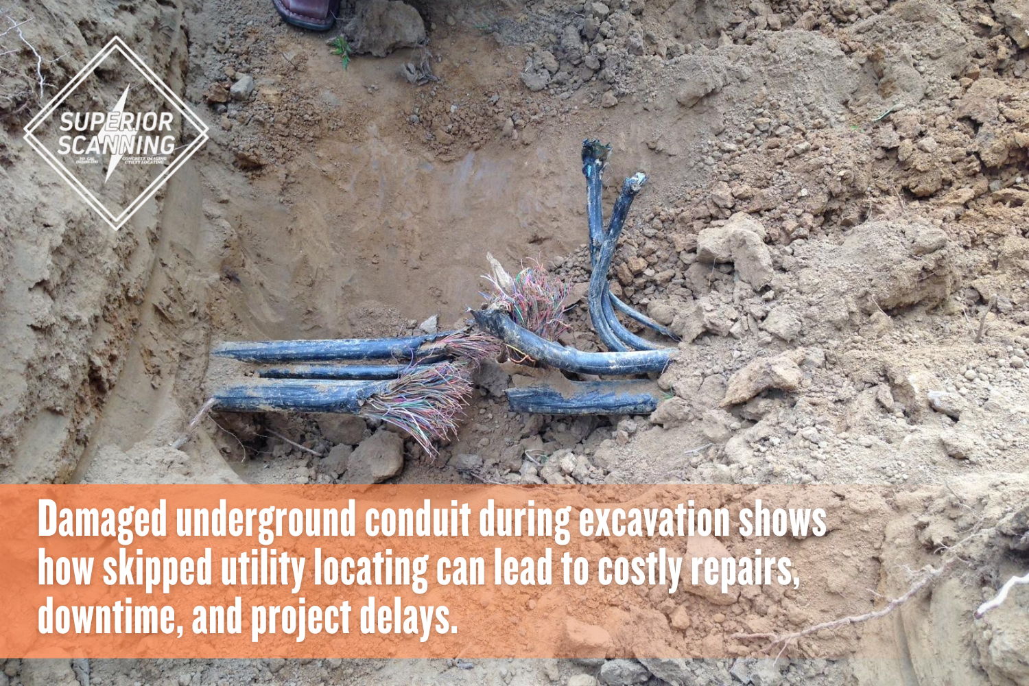 Broken underground utility conduit exposed in a trench, showing the financial risk of skipping private utility locating before excavation.
