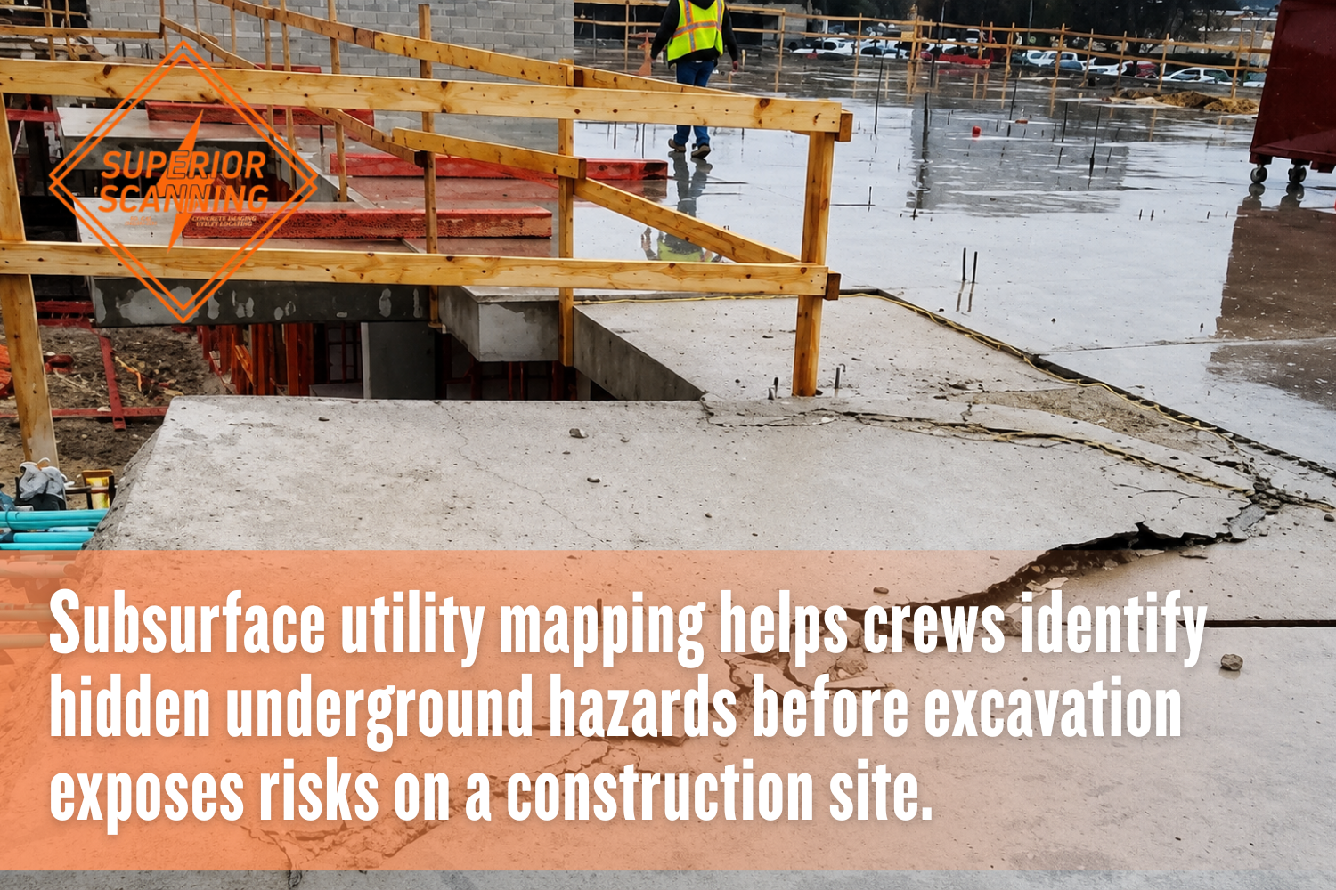 Cracked construction site concrete with visible damage showing why subsurface utility mapping is important